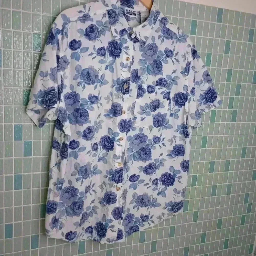 Basic Edition Floral Short Sleeve Button Down Flo… - image 3